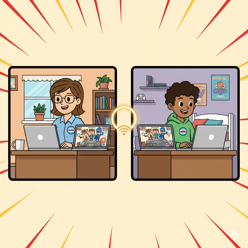 Therapist and kid playing CBT Hero together over telehealth