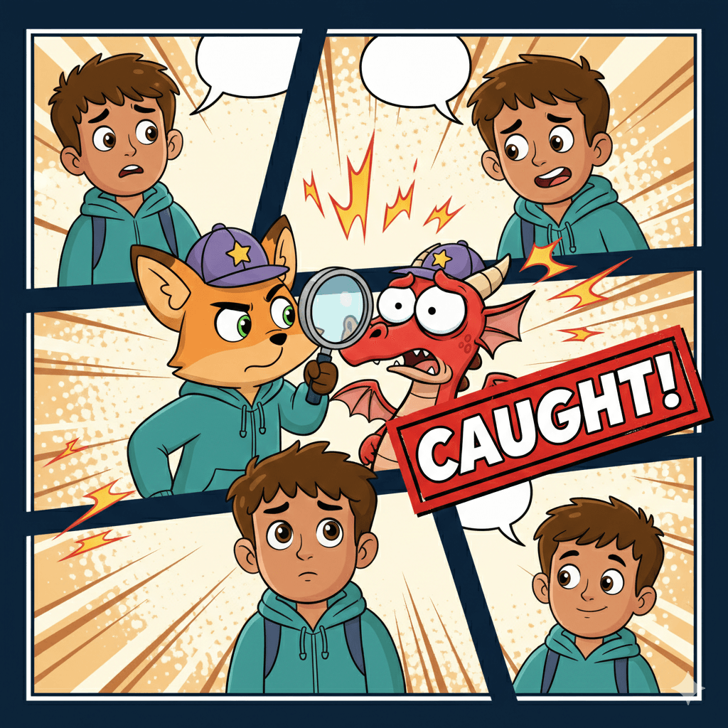Comic panel gameplay showing a detective fox confronting villain monsters