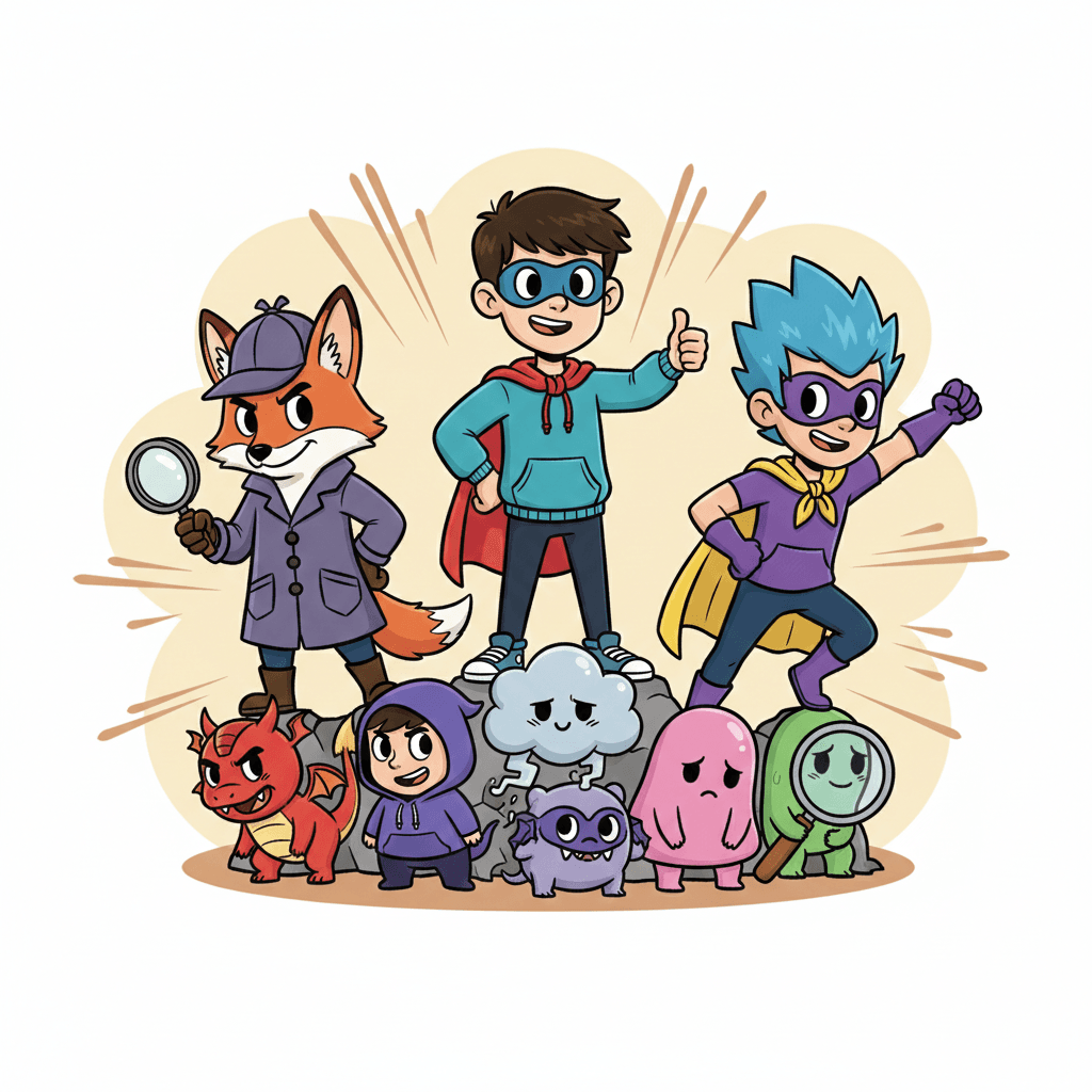 CBT Hero characters standing victorious over defeated thinking trap villains
